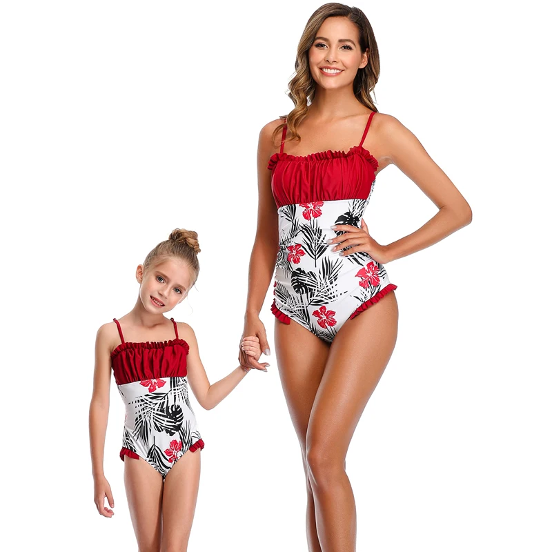 Купальник с рюшами для мамы и дочки Женский Цельный купальник высоким вырезом