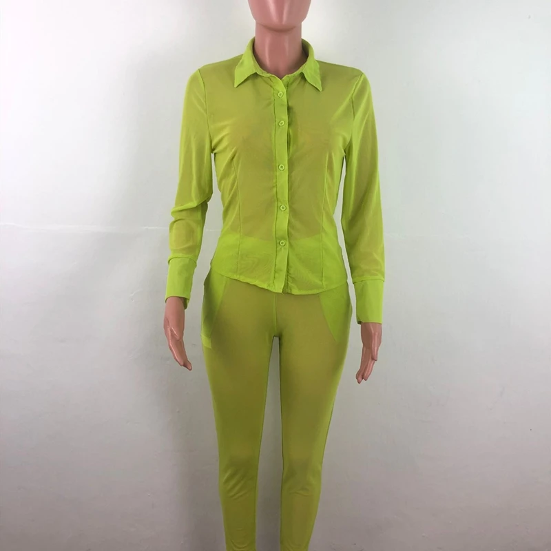 Женский неоново зеленый сетчатый комплект из двух предметов и брюк| |