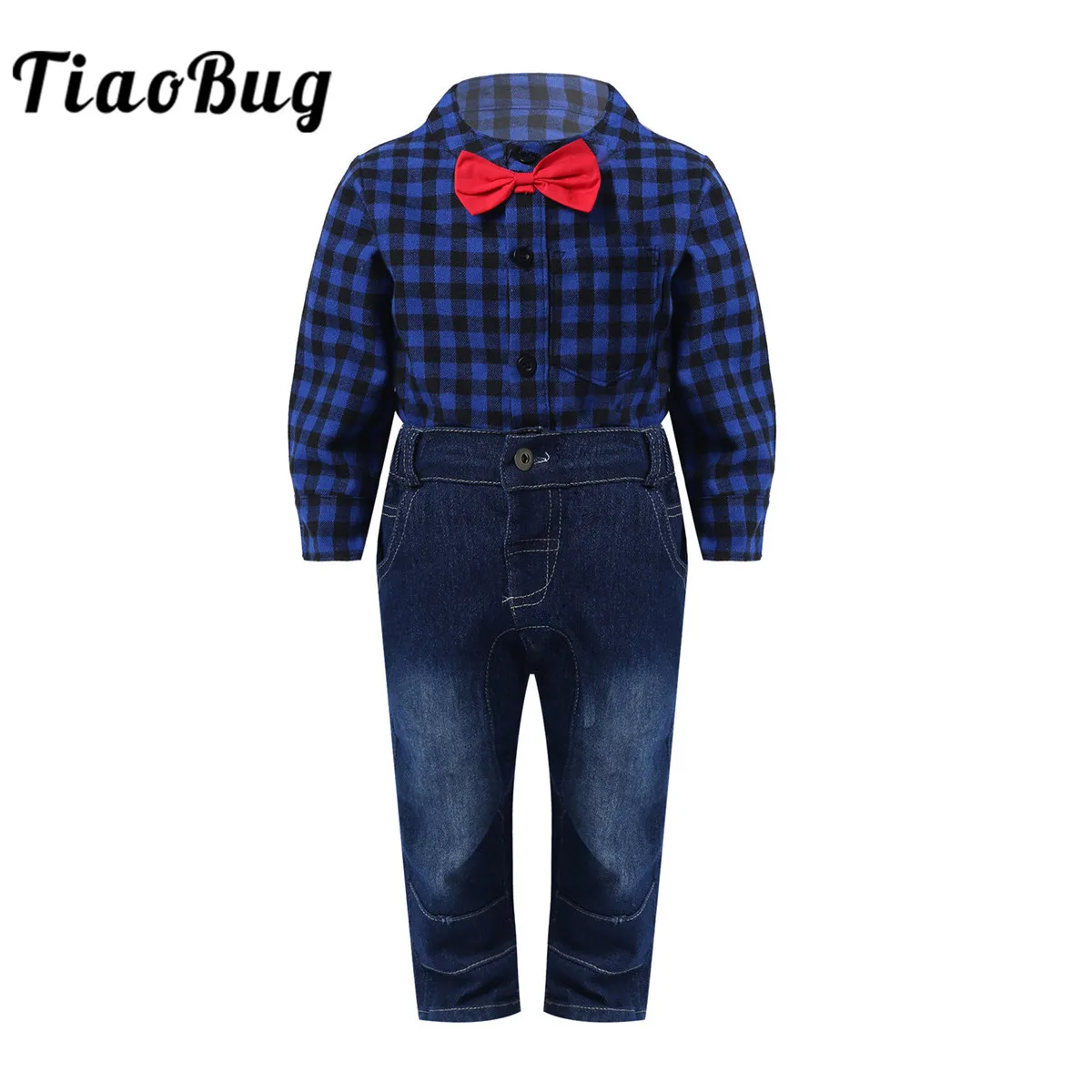 

Комбинезон с бантом и длинными рукавами для новорожденных мальчиков, хлопковый одежда для джентльмена в клетку + джинсовые штаны, 2 шт.
