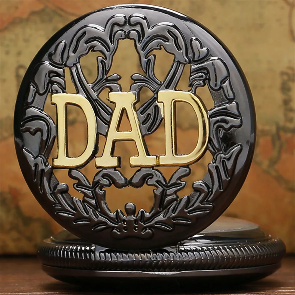 Retro Black Case With Golden DAD Design Mechanical Hand Wind Pocket Watch With Chain Best Gift To Dad/Father