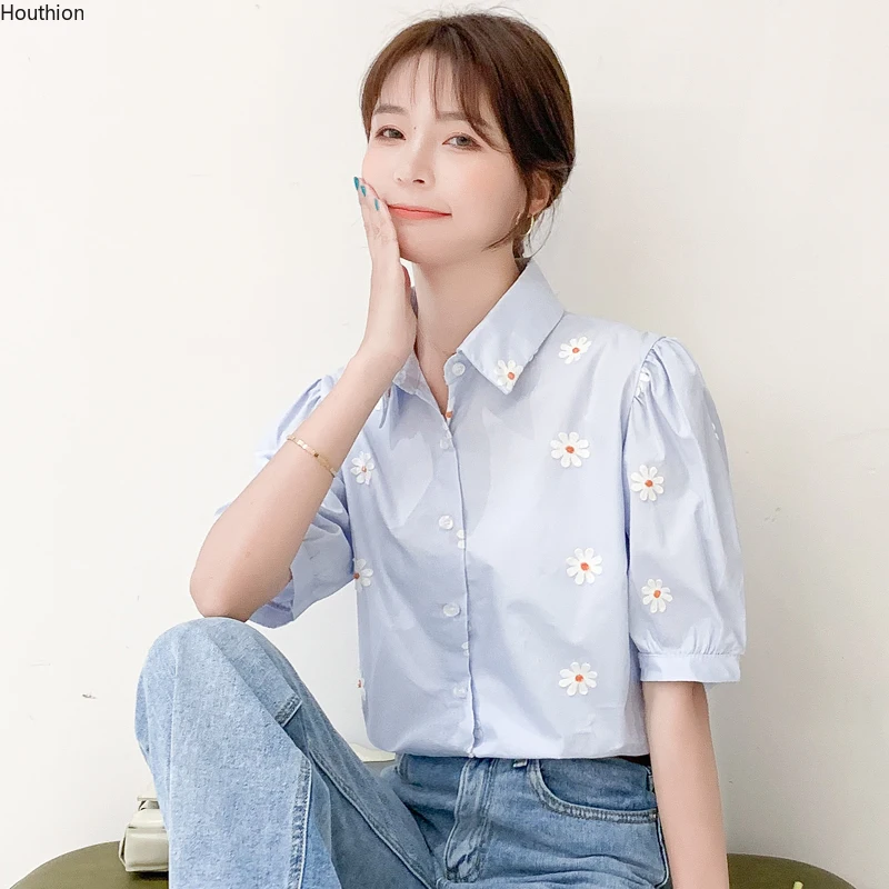 

Houthion New Short-sleeved Women's Blouse Embroidered Fashion Tops Summer Korean Casual Polo Collar Shirt Office Lady