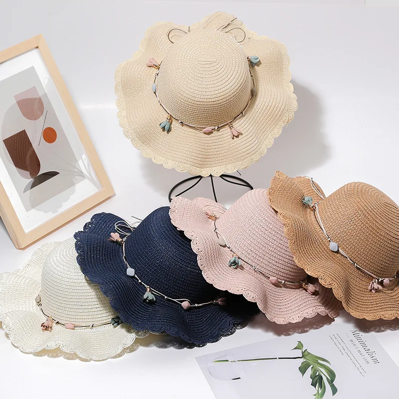 

Sweet line wavy straw hat female Kid child girl big eaves summer seaside sun protection sun hat leisure cap