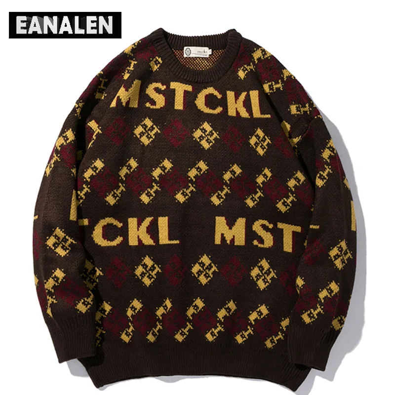 

Винтажный свитер в стиле Харадзюку, мужской зимний вязаный пуловер оверсайз с геометрическим рисунком, женский джемпер, свитер в стиле деду...