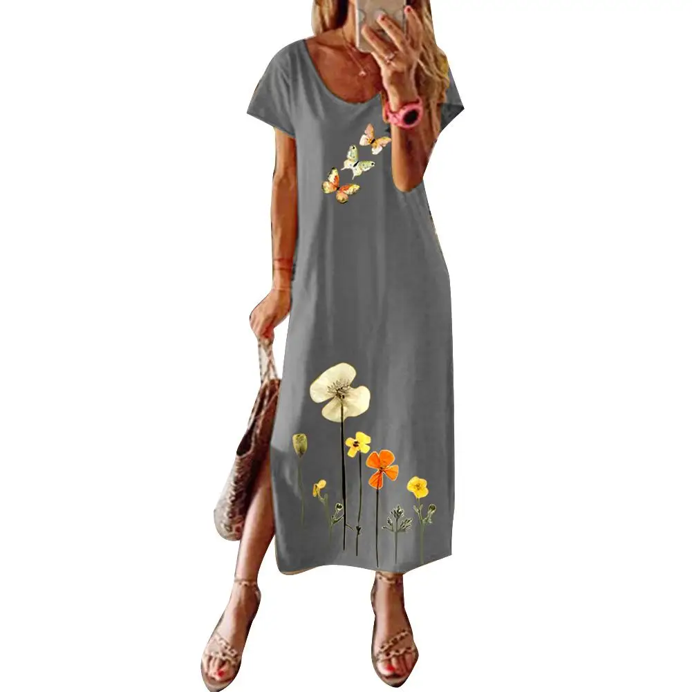 

Women Casual Short Sleeve Butterfly Floral Print Slitting Hem Loose Long Dress