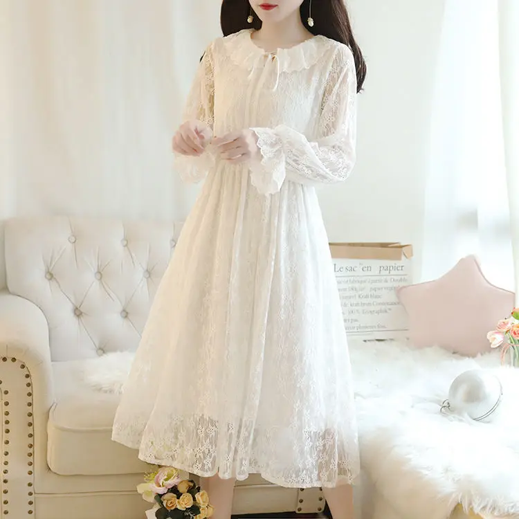 

Женское кружевное платье в стиле Харадзюку, элегантное однотонное офисное платье-трапеция средней длины в Корейском стиле, модель B07 на лет...