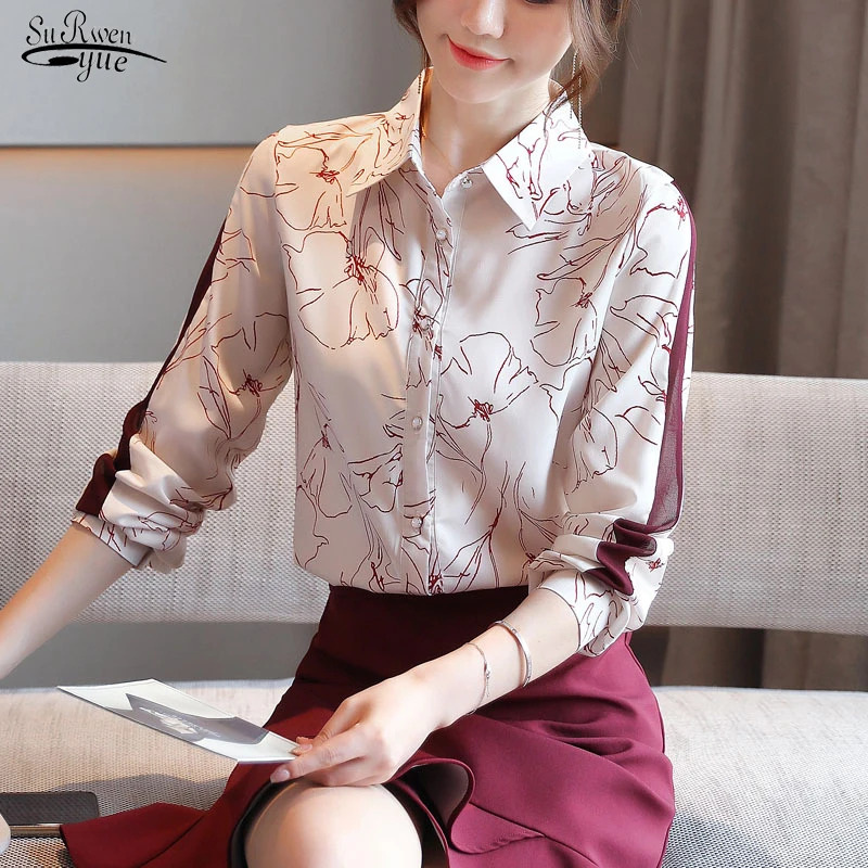 

Elegant Print Loose Long Sleeve Shirts Women New Classic Chiffon Blouse Female Shirt Lady Simple Style Tops Clothes Blusas 10881