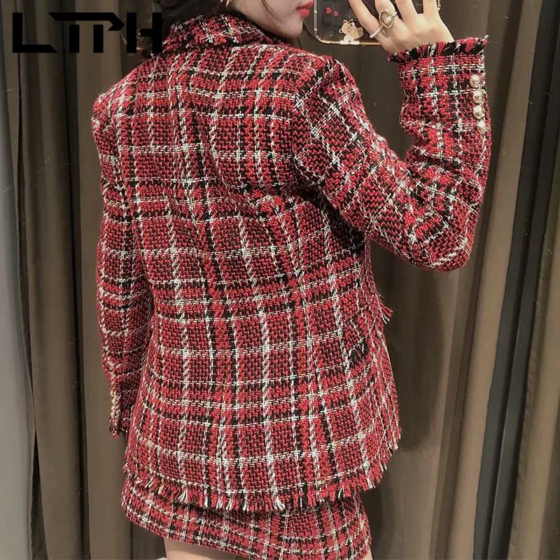 LTPH-trajes vintage a cuadros rojos para mujer, falda, chaqueta de Tweed suave, informal, paquete de cintura alta, faldas a la cadera, primavera 2021