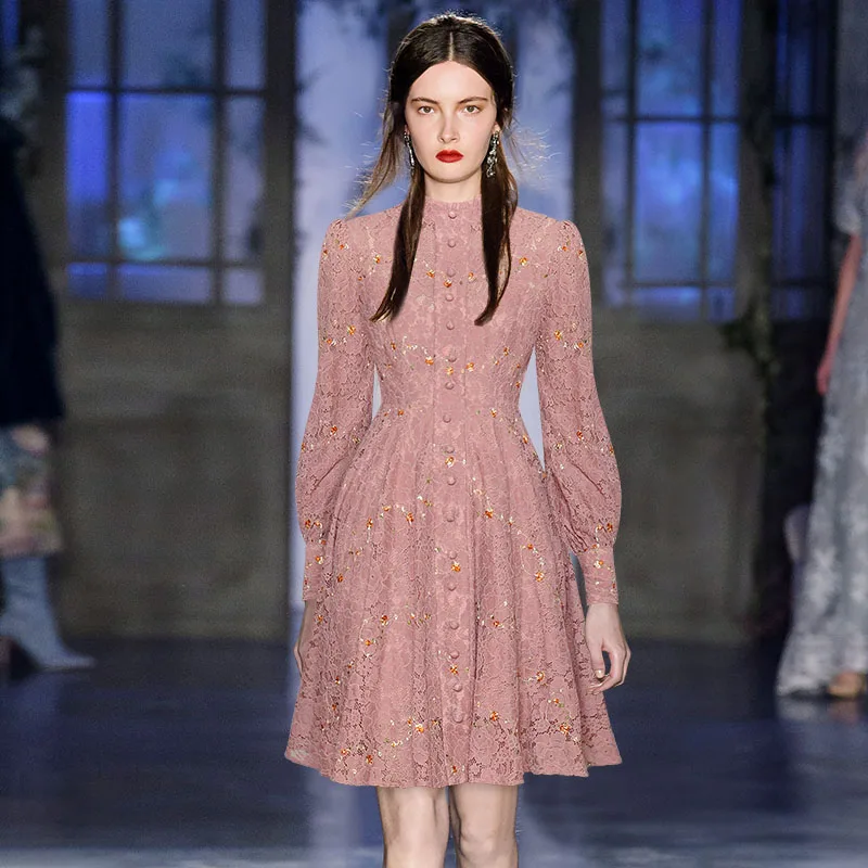 

Платье принцессы с воротником-стойкой и длинными рукавами-фонариками, пышное кружевное платье с цветочной вышивкой, новинка на раннюю осен...