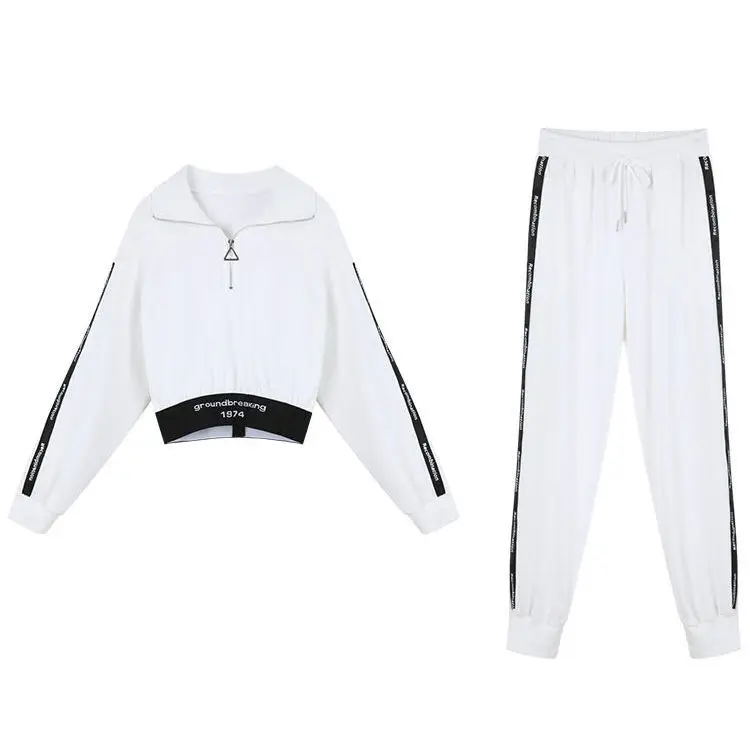 

Spring new sports suit women's autumn dew navel short sweater pants Han Feng leisure two piece set
