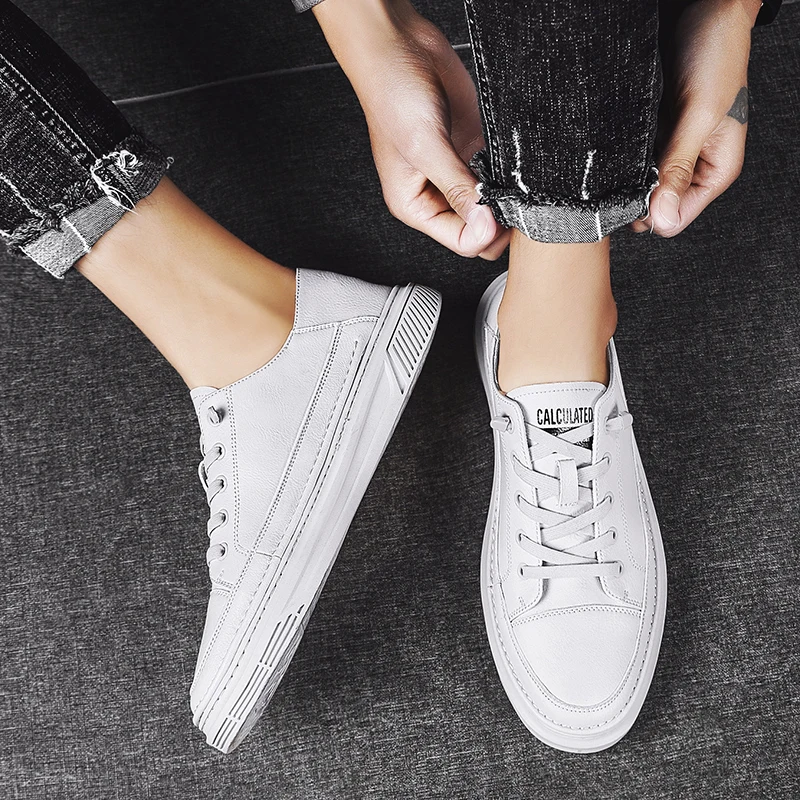 

Breathable leather Mens Shoes slip on Fashion Luxury Brand Design Adult Flat Casual Men Loafers Non-slip white Man Sneakers