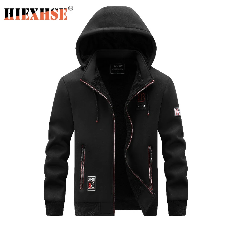 

Мужская Флисовая куртка на молнии, повседневная куртка-бомбер с капюшоном и воротником-шарфом, приталенная куртка с капюшоном, Осень-зима ...