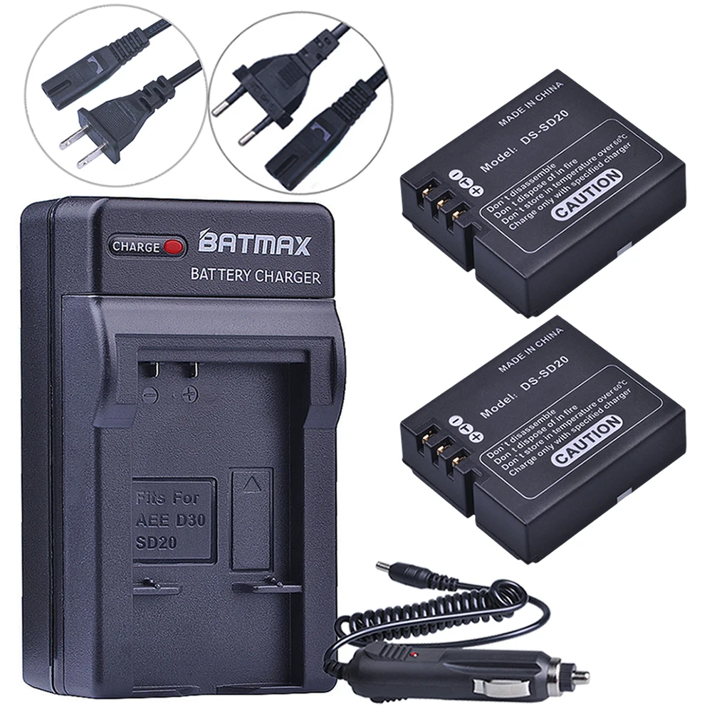 

2Pc DS-SD20 Batteries +Single Charger for AEE Magicam SD18 SD19 SD20 SD21 SD22 SD23 SD30 Rollei 3S Action Sports Cameras