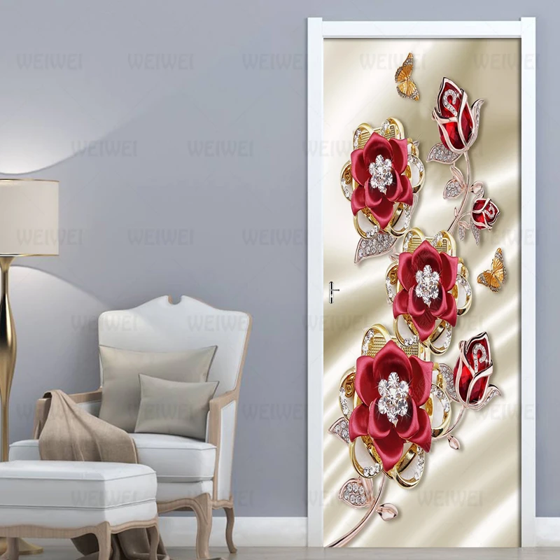 

2Pcs/Set 3d Sterling Jewelry Red Flower Wall Door Sticker Self-adhesive Waterproof 3D Wallpaper Decals Decor Door Wall Stickers