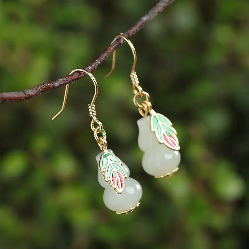 

S925 Sterling Silver Natural Hetian Jade White Jade Leaf Gourd Vintage Silver Jewelry All-Match National Style Gilding Craft