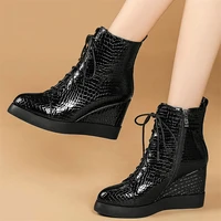 casual shoes women genuine leather wedges high heel pumps shoes female high top fashion sneakers lace up platform ankle boots