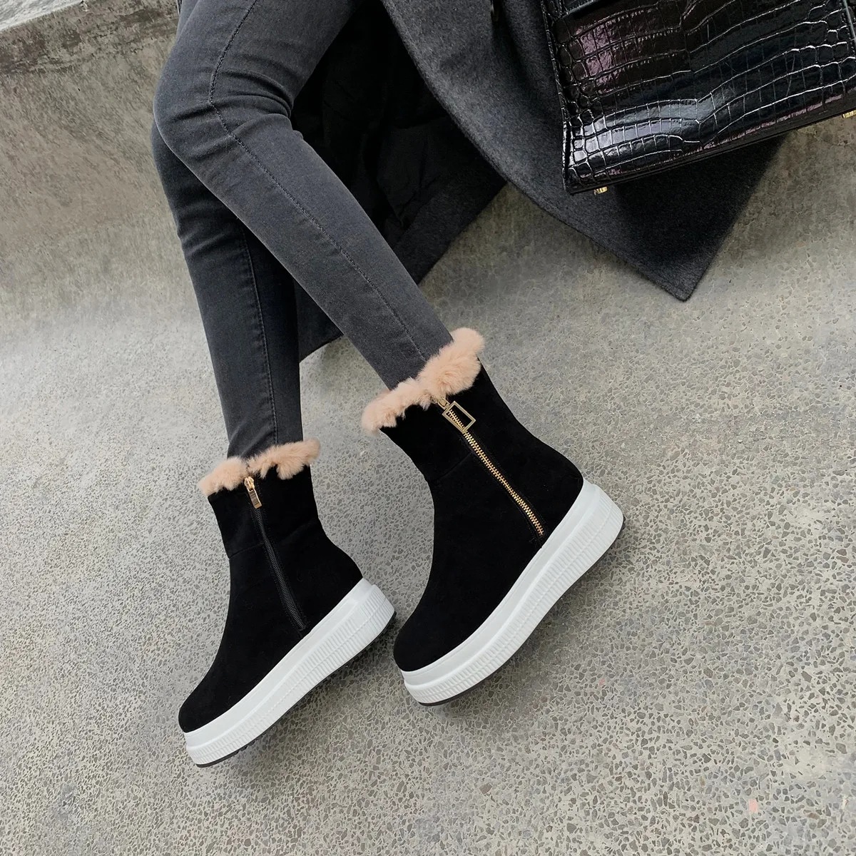 Женские зимние ботинки из натуральной кожи на плоской подошве с двойной молнией