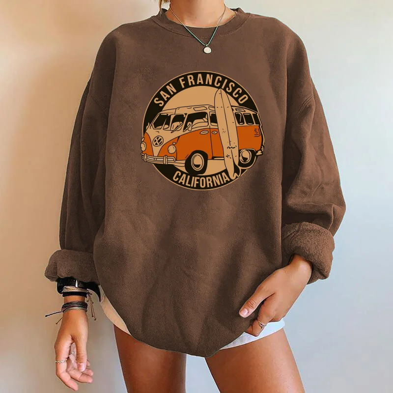 

San Francisco California Print Women Sweatshirts Vintage Buses Oversized Crewneck Tops Woman Drop-shoulder Pullovers Sweatshirts