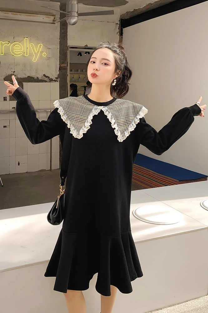 

Dresses French Retro Cute Doll Collar Dress Women's Clothing 2021 Autumn and Winter New Lotus Leaf Swing Midi Dress Kawaii