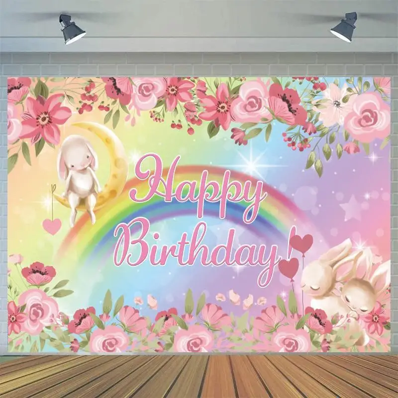 

Виниловый фон для фотосъемки новорожденных с изображением Луны кролика розового цветка радуги дня рождения