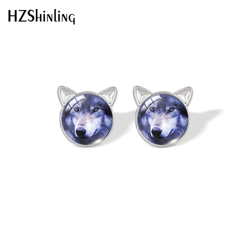 

Новое поступление 2022, Стильные стеклянные серьги-гвоздики с изображением волка, животного, кота, кабошона, модные ювелирные изделия, серьги ...