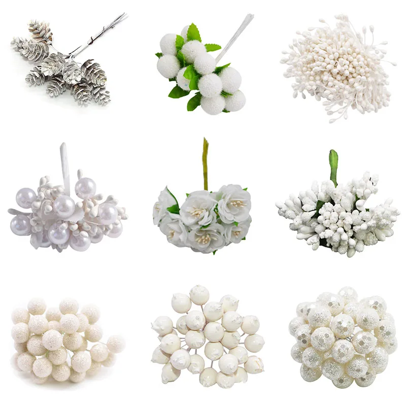 

Handmade Artificial Flower Stamen Xmas White Flower Cherry Berries Bouquet DIY Wedding Christmas Wreath Craft Gift Decoration