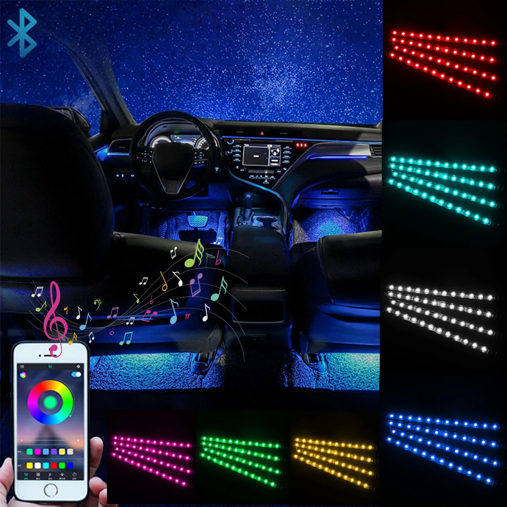 

Sound Music Control App Bluetooth Control Car Floor Atmosphere Lamp RGB LED Strip Lights 4 in 1 Car Interior Lights