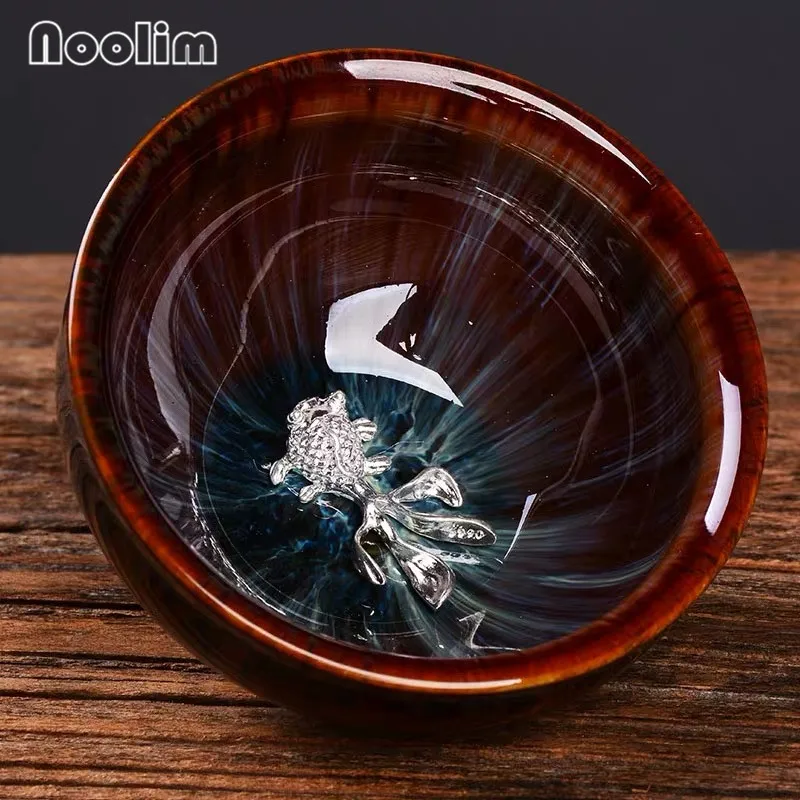 Керамическая инкрустированная Серебряная чашка с лотосом рыбой драконом