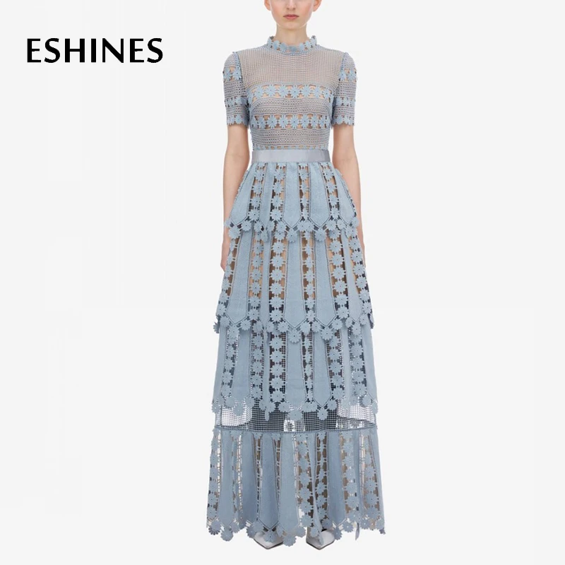 ESHINES дизайнерское длинное платье элегантное голубое вышитое цветочное ажурное