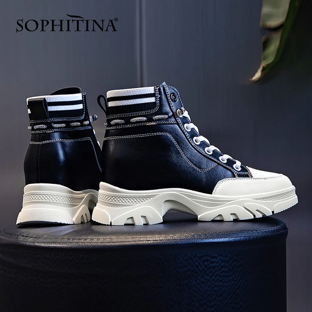 spesifikasi SOPHITINA Sepatu Bot Wanita Platform Sepatu Bot Kasual Olahraga Elastis Sepatu Wanita Buatan Tangan Dengan Ikatan Silang Pencocokan Warna HO534