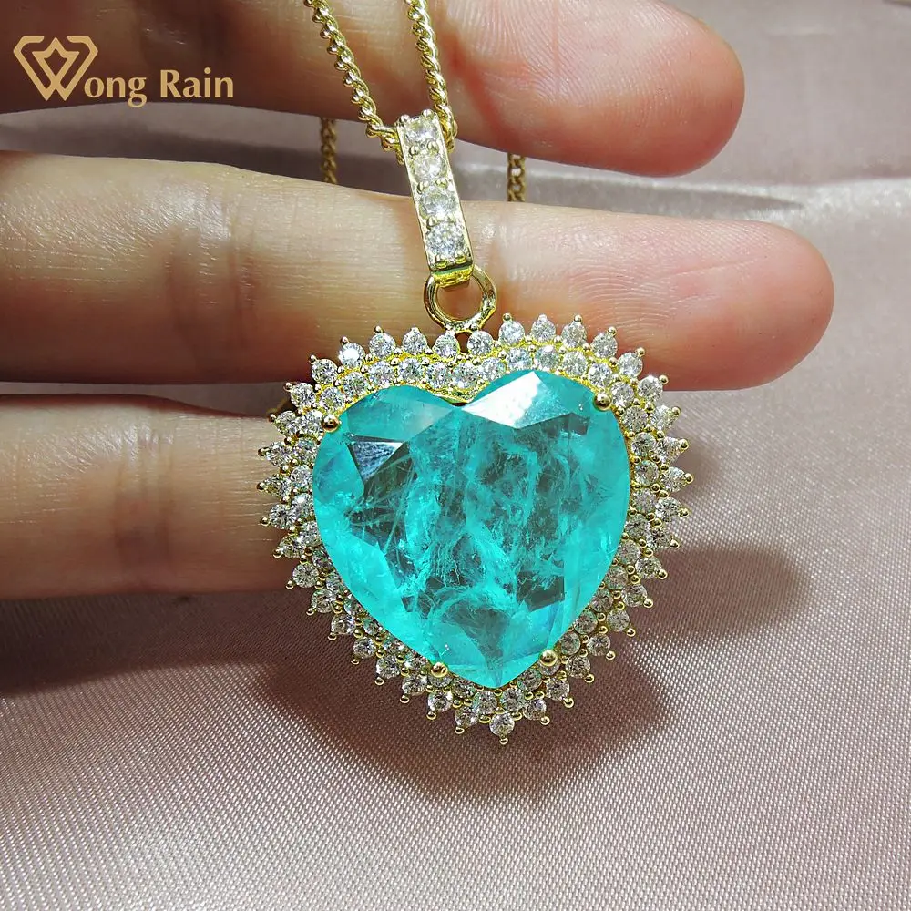 

Wong Rain 925 Sterling Silver Love Heart Paraiba Tourmaline Emerald Gemstone Yellow Gold Pendent Necklace Fine Jewelry Wholesale