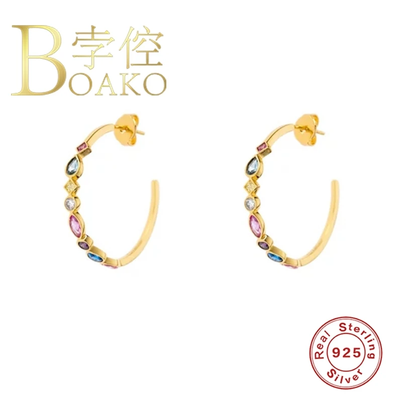 

BOAKO Colored Zircon Gold Stud Earrings 925 Sterling Silver Earrings For Women Pendientes Brincos Arete For Gifts Fine Jewelry