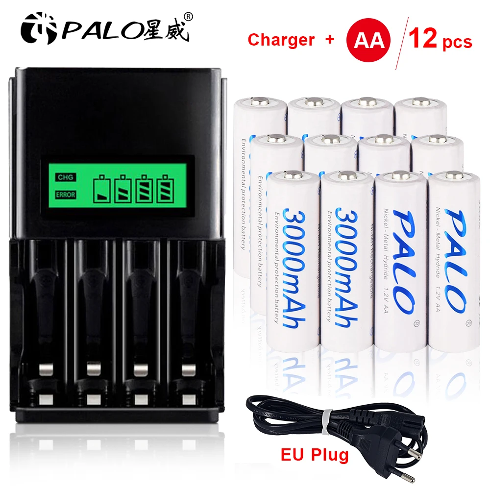 PALO 12 шт. перезаряжаемые батареи AA с ЖК зарядным устройством для aa aaa ni MH cd 1 2 в