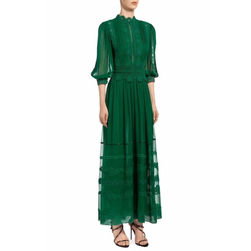 

Элегантное весенне-летнее женское платье А-силуэта кружевные шифоновые зеленые плиссированные платья женские длинные повседневные офисны...