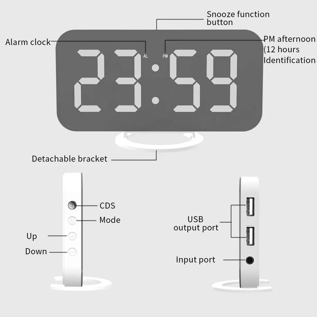 

LED Alarm Clock Dual USB Output Snooze Mirror Clock Digital Creative Clock Induction Dimming Electronic Clock