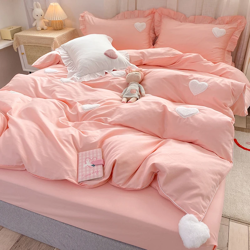 

INS Kawaii Hearts Duvet Cover Bedding Set Cotton Twin Full Queen King Size Cute Bedroom Double Bed Fitted Bed Sheet Pillowcases