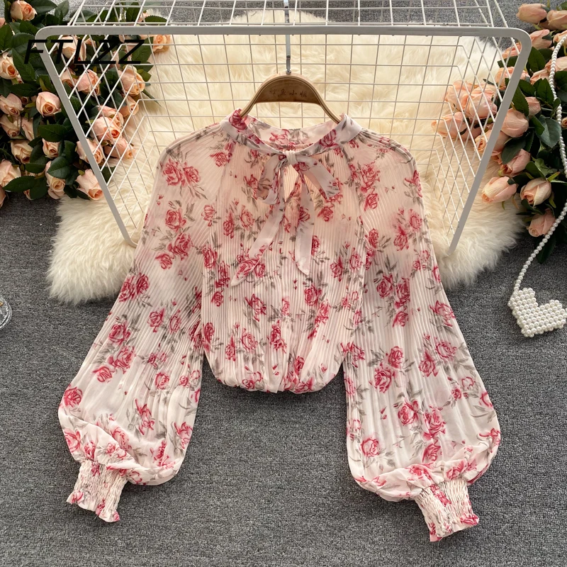 

2021 New Women Pleated Chiffon Top Spring Autumn Elegant Puff Sleeve Floral Shirts Woman Boho Blouse Tops