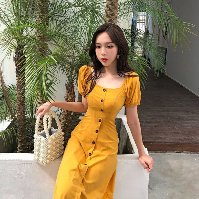 Желтое платье до колена с квадратным вырезом и коротким рукавом милое модное