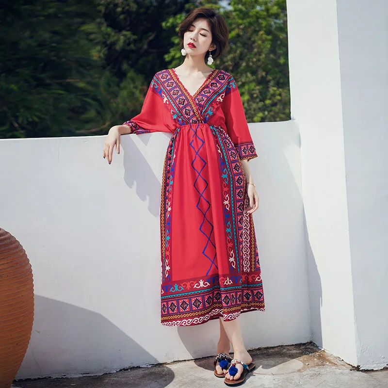 New women clothes 2019 Spring and summer new style Beach dress Bohemian midi Printed Ethnic wind beach | Женская одежда