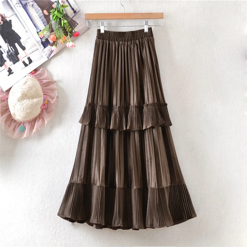 Женская осенне-зимняя теплая юбка однотонная плиссированная многоярусная