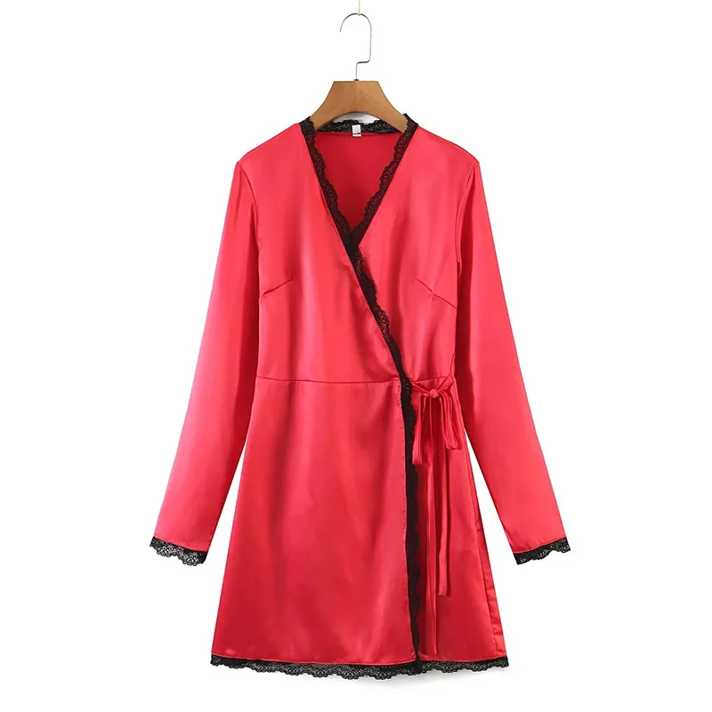 

Woman Red Satin Wrap Mini Dress 2022 Lace Nightdress Loose V-Neck Summer Casual High Waist Long Sleeve Fashion Soft Retro