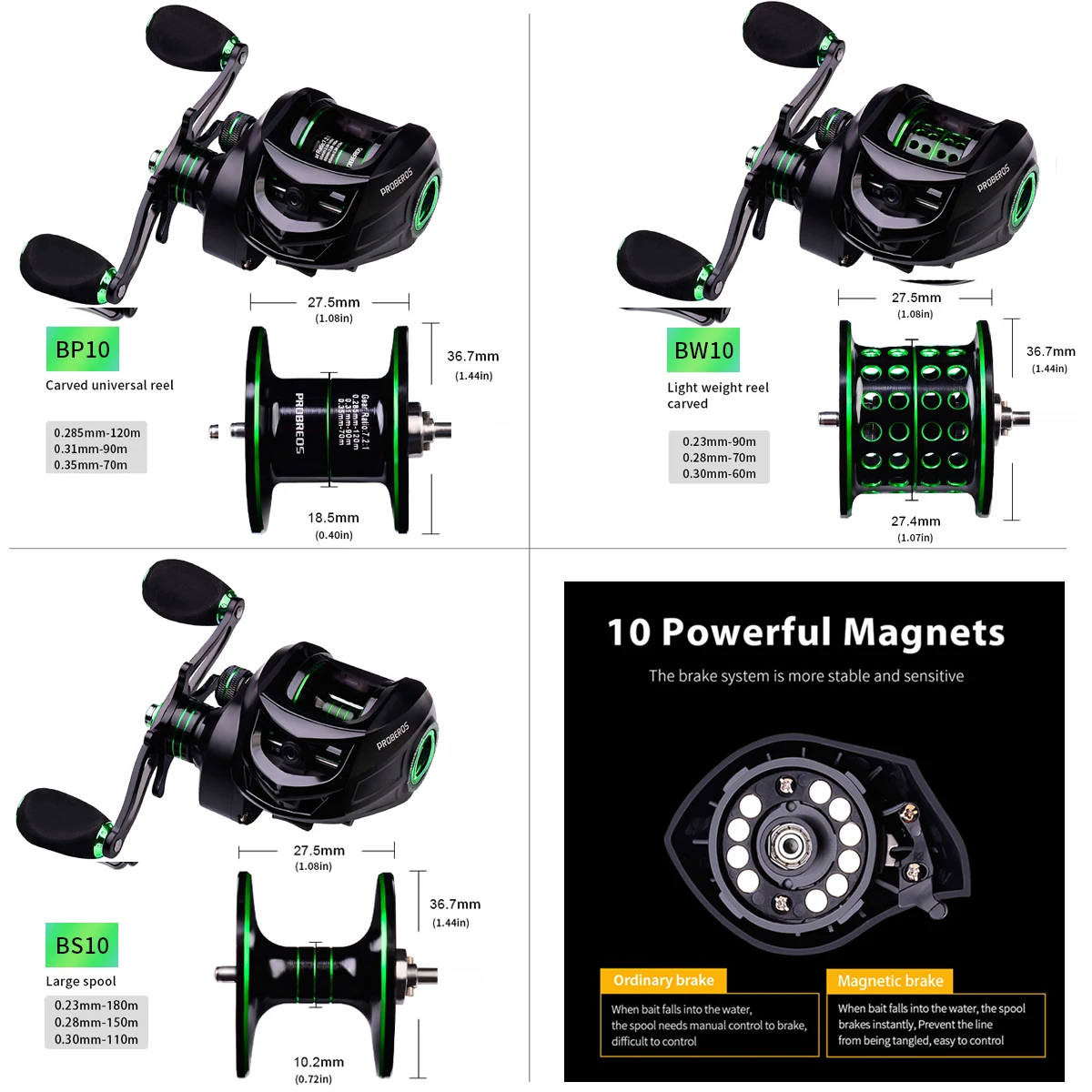 

PROBEROS Fishing Wheel 7.2:1 Gear Ratio Freshwater Metal Spool Huge Drag Powerful Magnetic Brake System Baitcasting Reel BWPS10