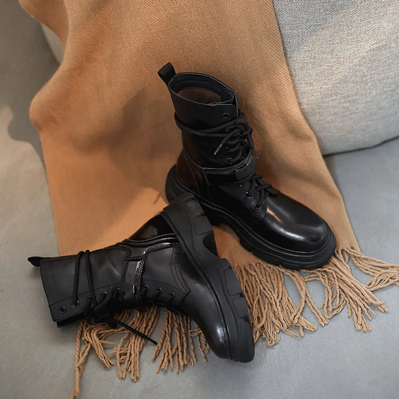 

Autumn 2020 shoes thick bottom martin boots women patchwork mixed colors lace up ankle belt decor botas motorcycle short boots