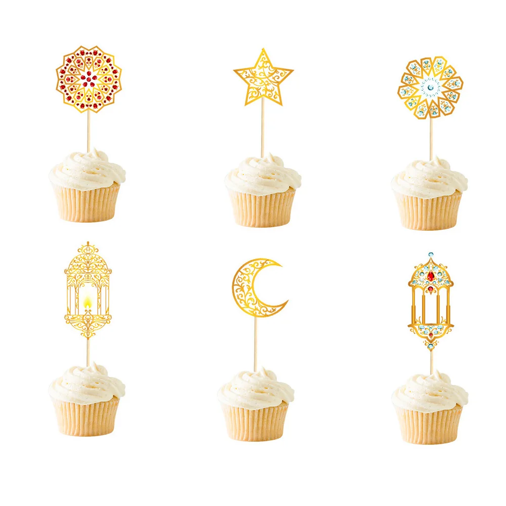

6Pcs Golden Eid Mubarak Cake Toppers Moon Star Cupcake Ornament Cake Decor Dessert Adornment For Ramadan Party Decorations