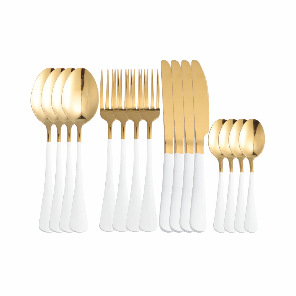 

16Pcs White Gold Stainless Steel Cutlery Tableware Set Dinnerware Dinner Flatware Set Forks Knives Spoons Set Thin Silverware
