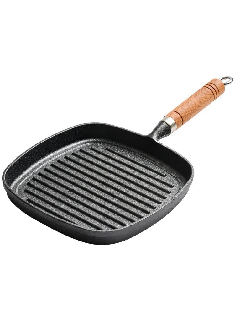 

Small Happiness Cast Iron Wooden Handle Frying Pan Household Striped Steak Pot Cast Iron Pan Thickened Pure Pig Iron Non-Stick