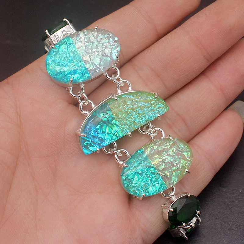 

Green Dichroic Glass ShinyTOPAZ Silver Color Bracelets 8 inch VC23