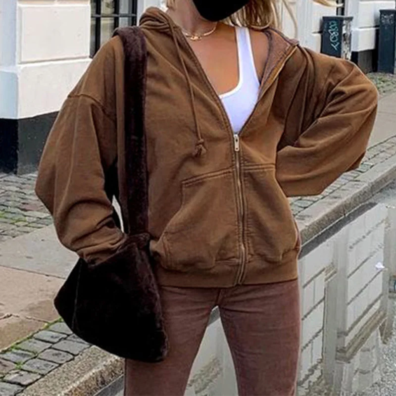 

Women Brown Zip Up Sweatshirt Jacket Autumn Winter Oversized Long Sleeve Hoodies 2021 Vintage Loose Pockets Pullovers Clothes