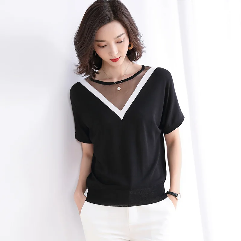 

2020 New Summer Short Sleeve Knitted T Shirt Women Korean Style O-neck Black Hollow Out Patchwork Knitted Top Elegant OL Top