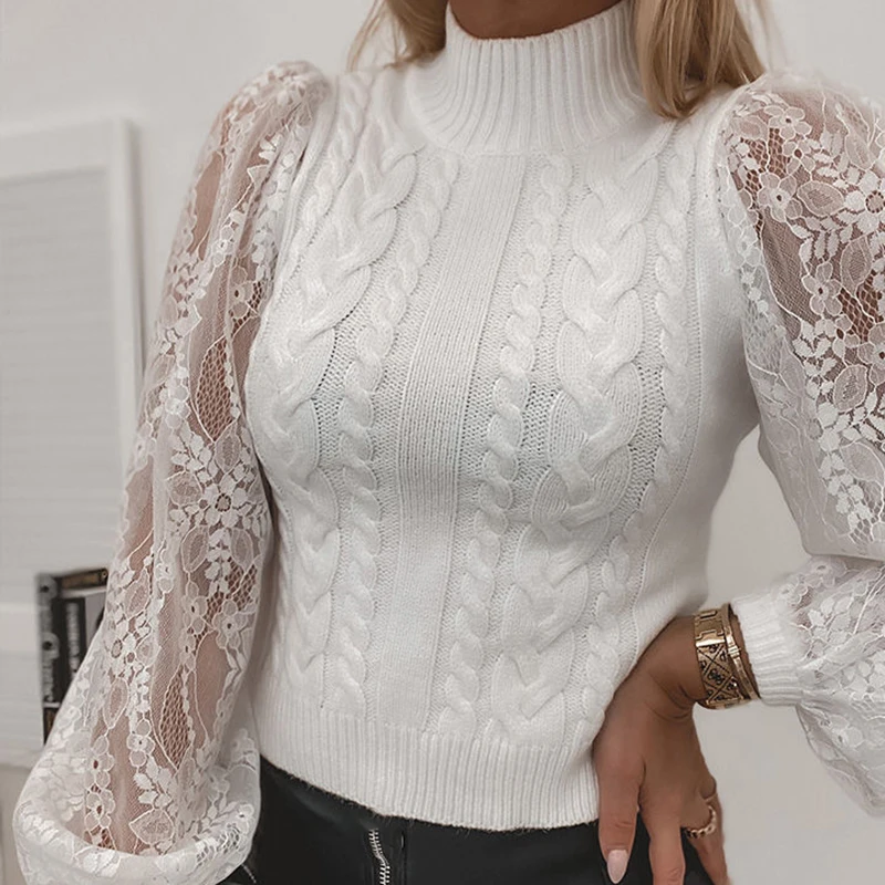 

Women's Sweaters Fashion Spring Sexy Lantern Long Sleeve Lace Turtleneck Office Lady Ladies Clothing White Solid Female Pullover
