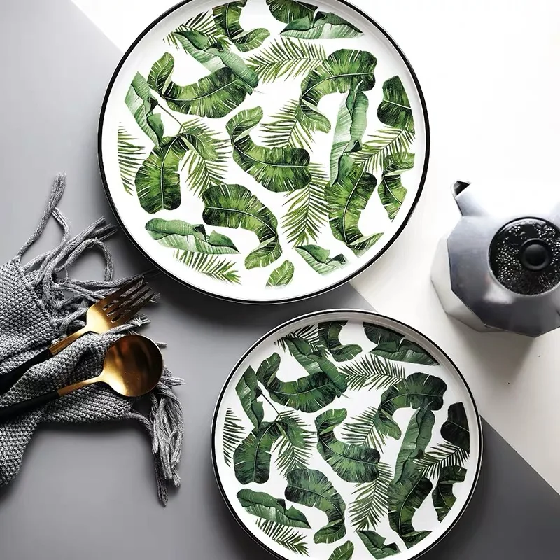 8 and 10 inch Ceramic Dinner Plate Green Leaf Tableware Dinnerware set Flat Dessert Snack Dish | Дом и сад
